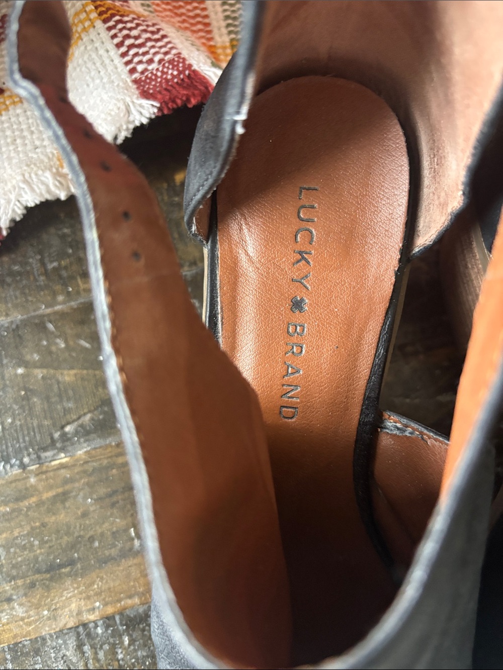 Lucky Brand Black Leather Mule with straps and Tan Insole